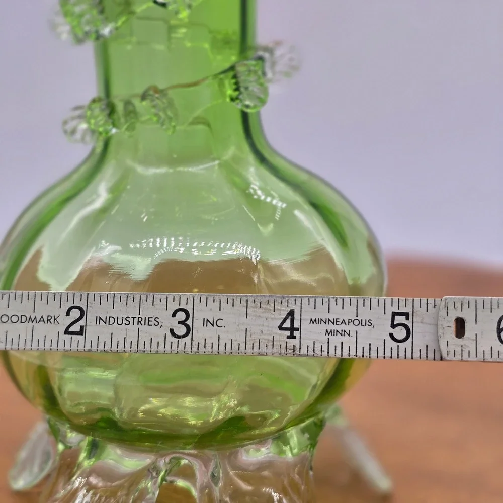 Late 1800's Antique Stevens & Williams Green Art Glass Vase with Applied Rigaree